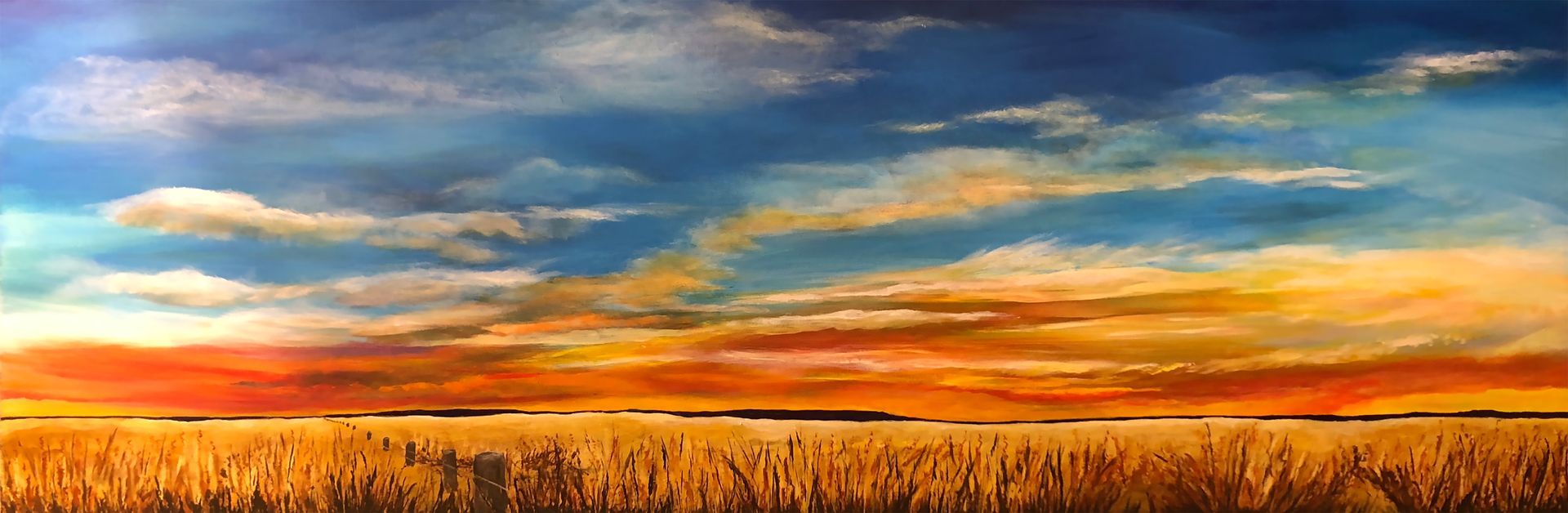 A painting of a field of wheat with a sunset in the background.