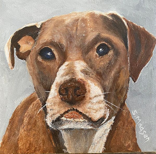 A painting of a brown and white dog looking at the camera.