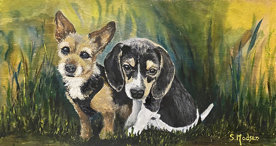 A painting of two dogs standing next to each other in the grass.