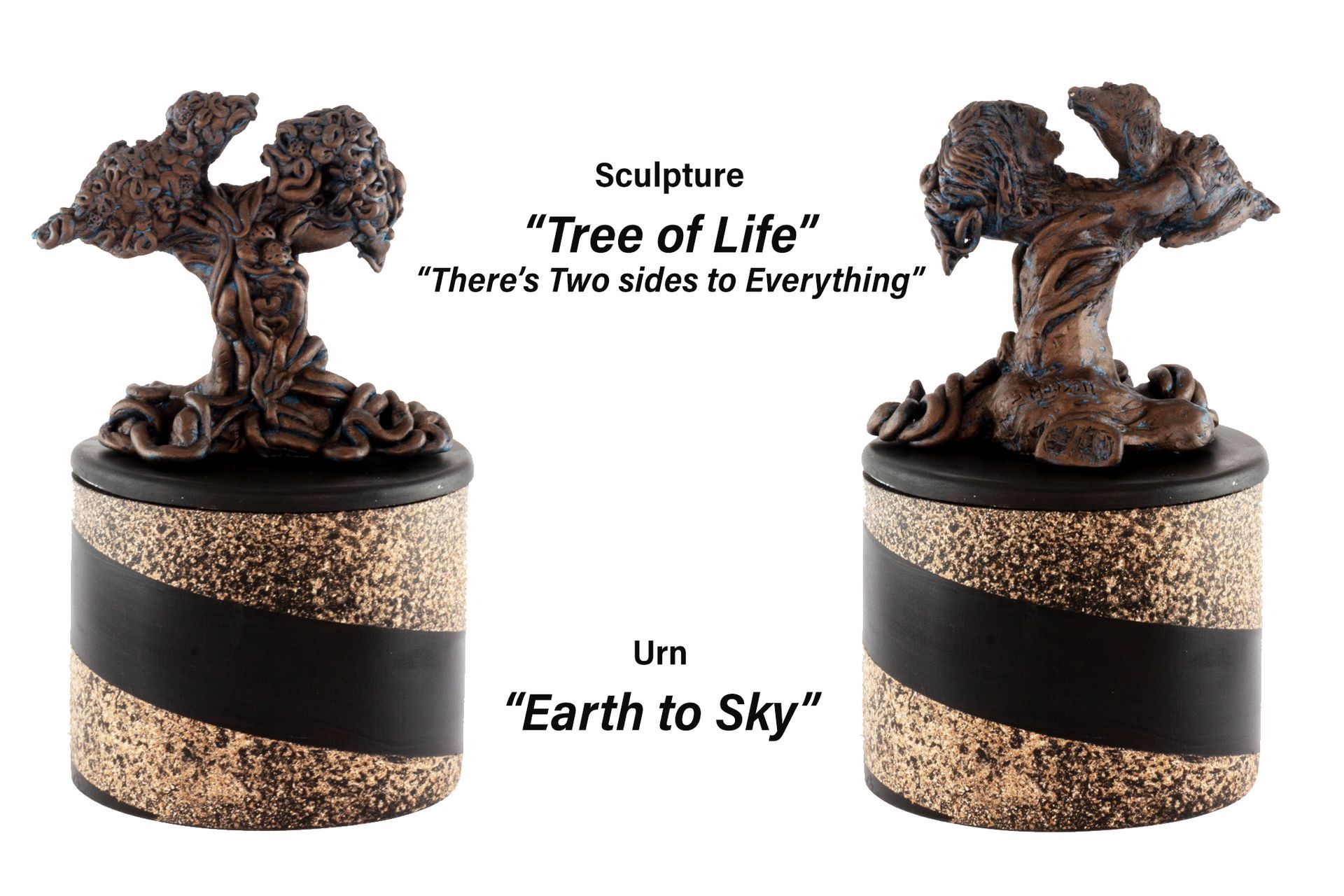 A sculpture of a tree of life and a sculpture of earth to sky