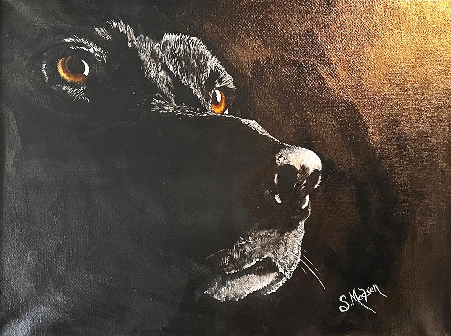 A painting of a black dog with orange eyes