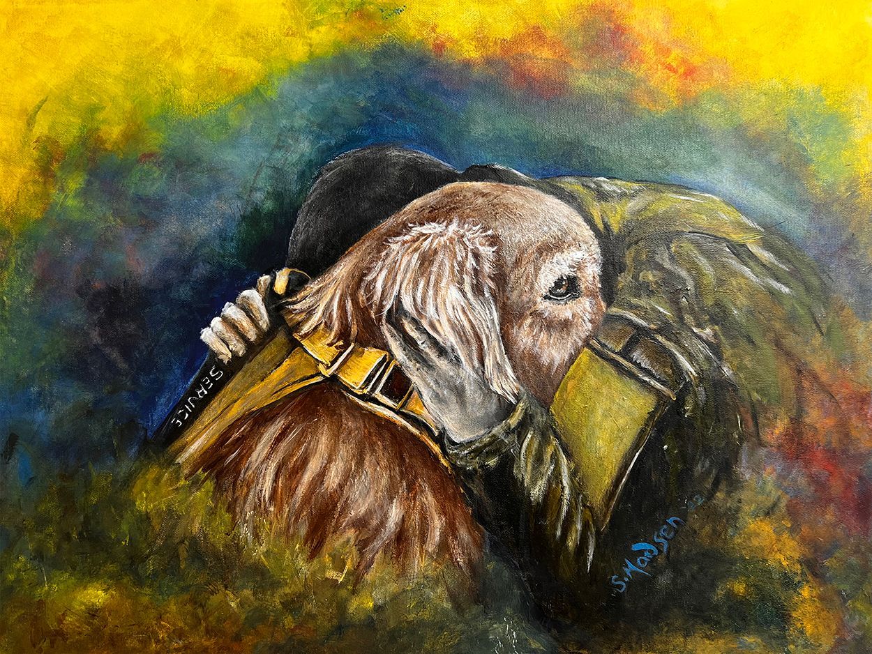 It is a painting of an owl playing an accordion.
