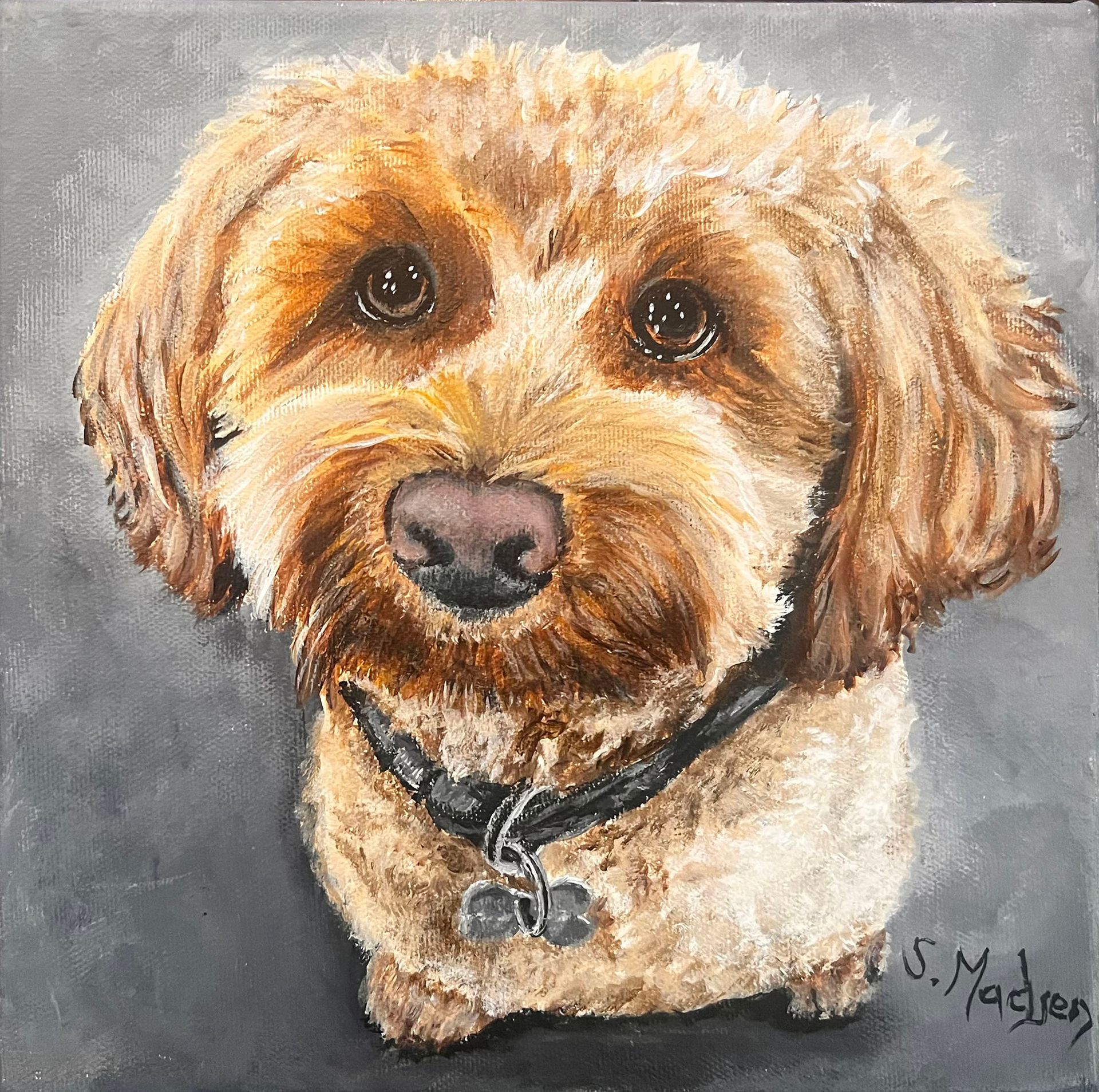 A painting of a small brown dog with a black collar
