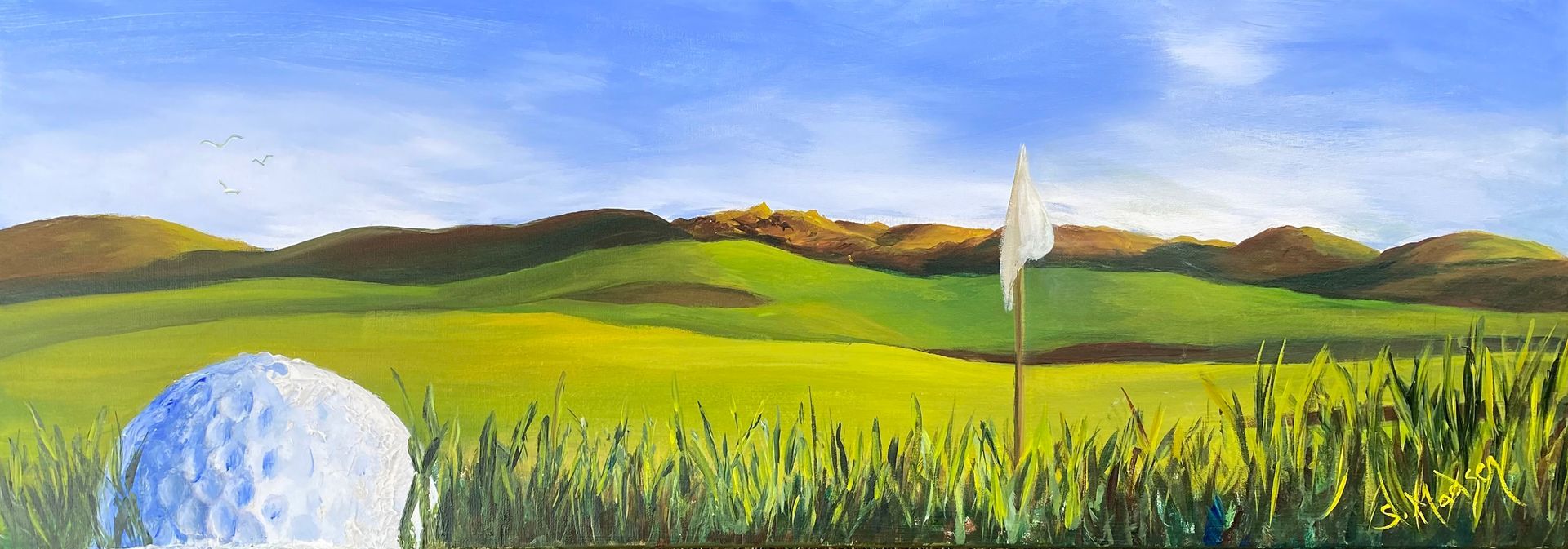 A painting of a golf ball on a golf course.