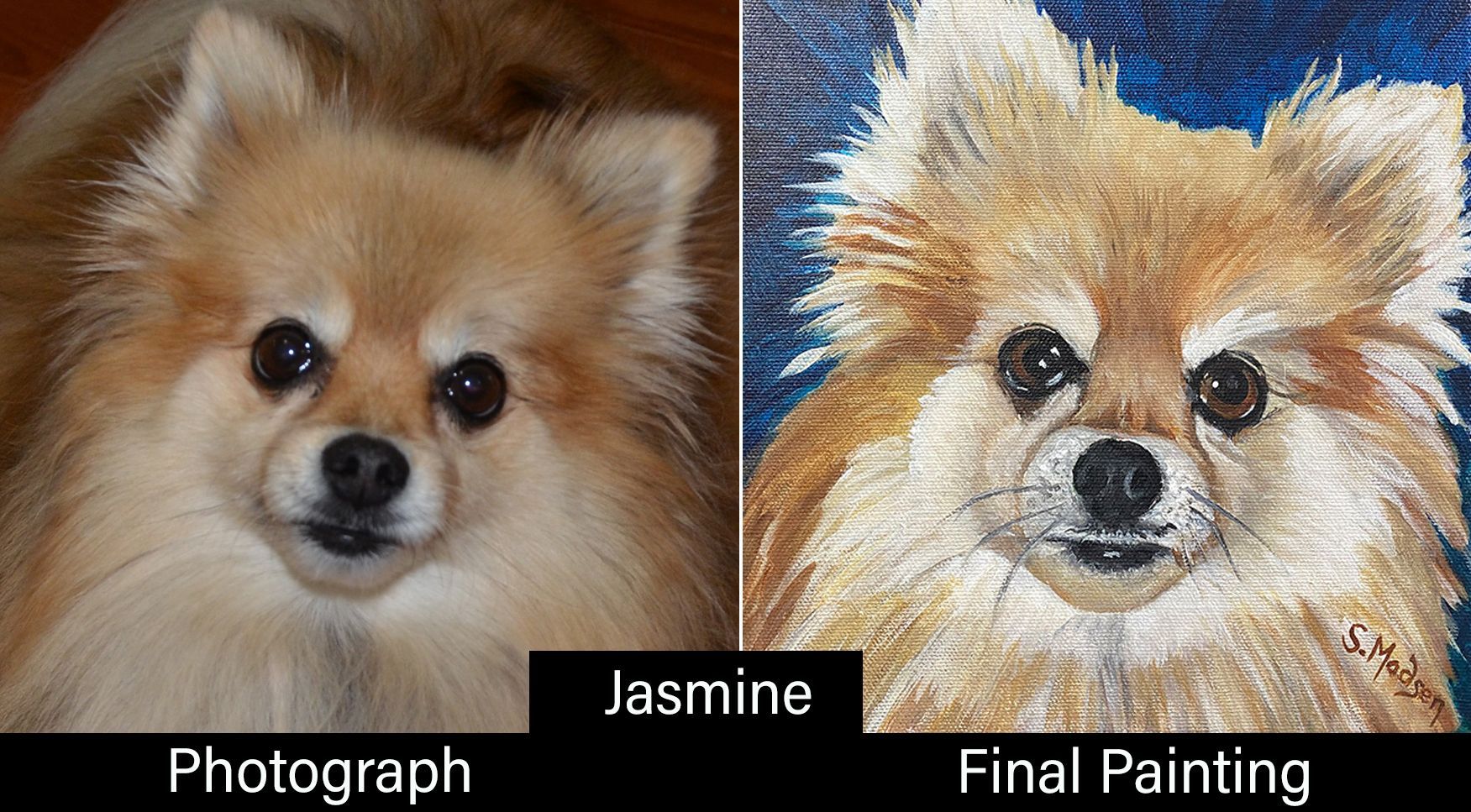 A picture of a pomeranian dog next to a painting of the same dog.