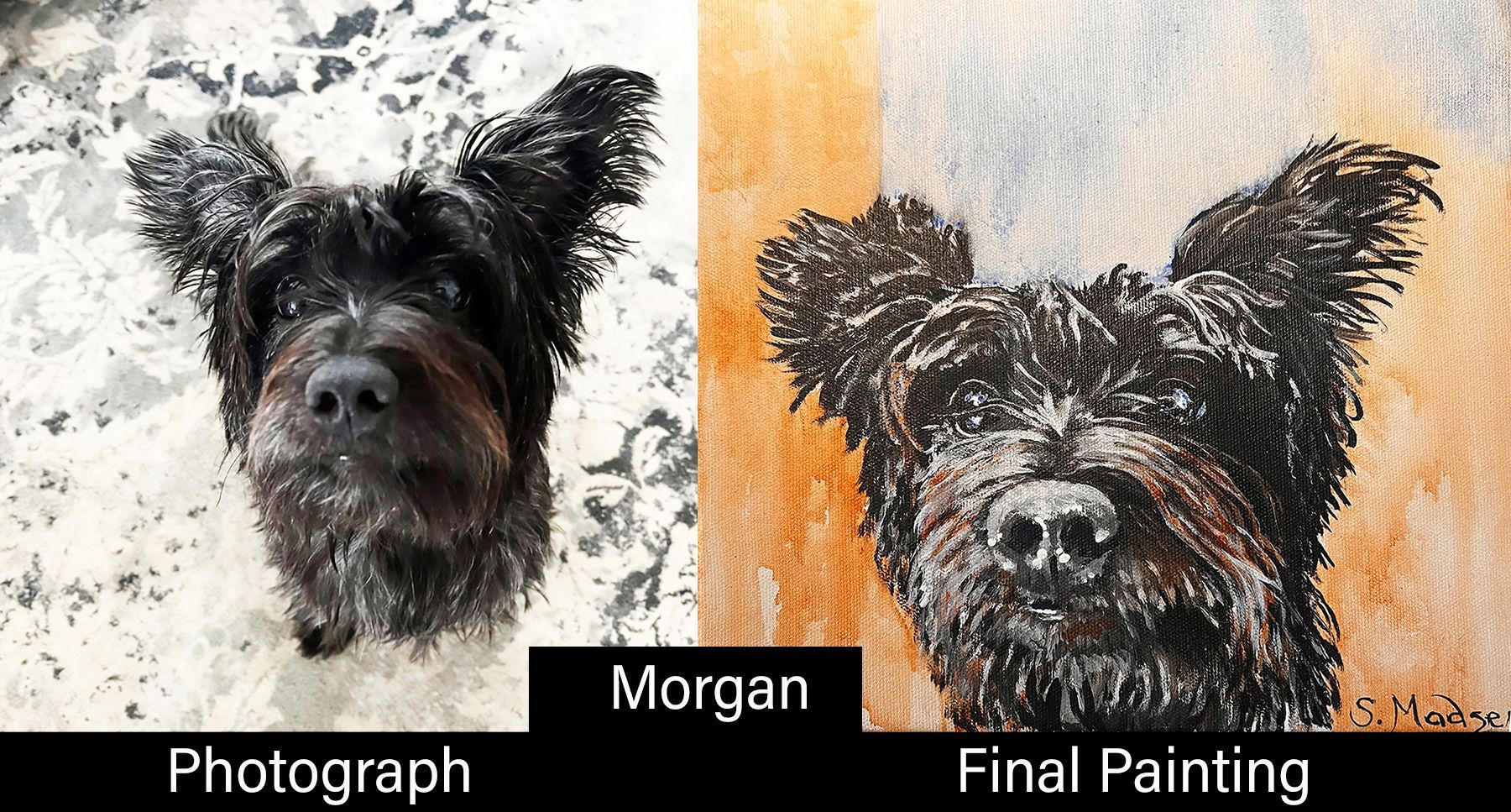 A photo of a dog and a painting of the same dog.