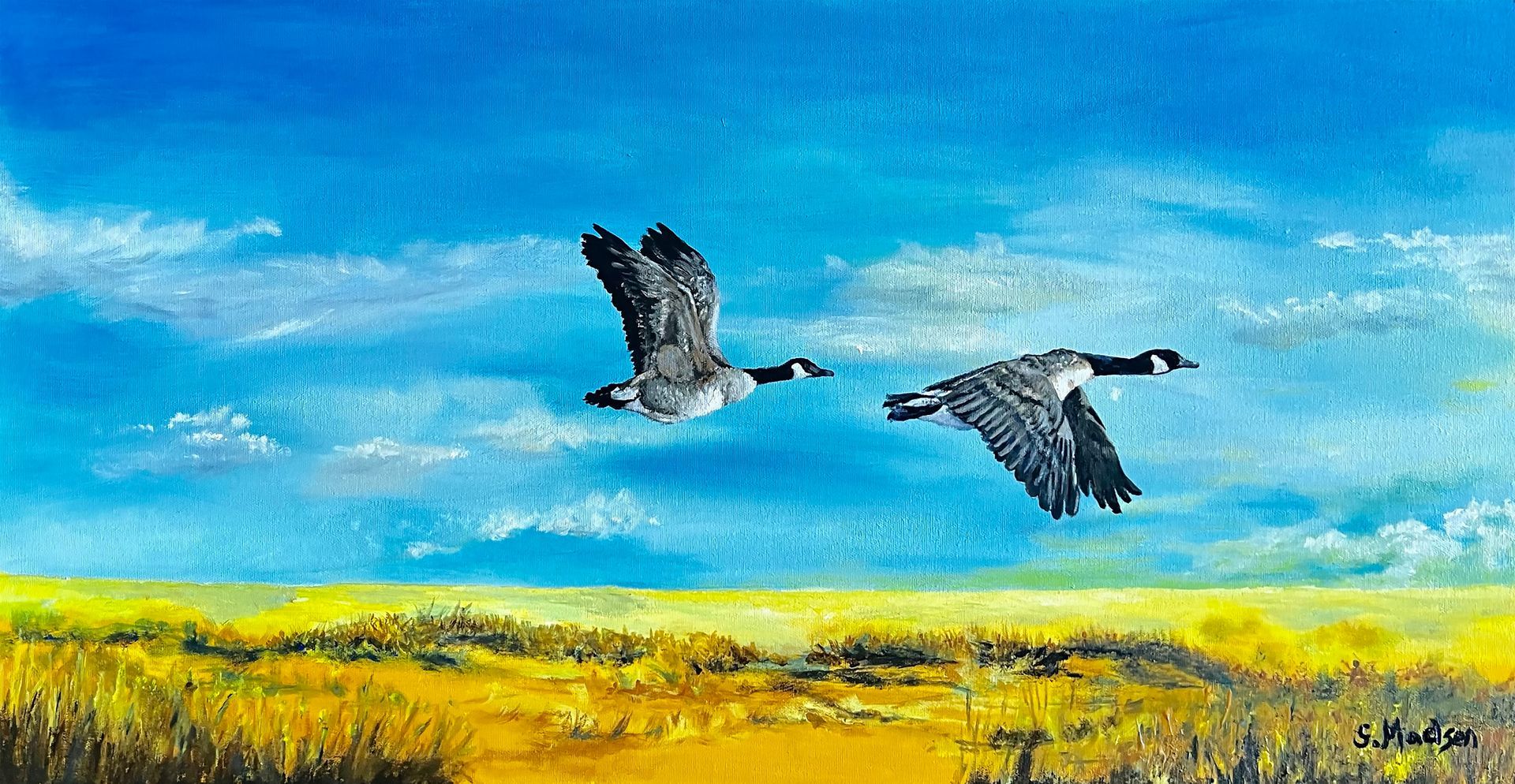 A painting of two geese flying over a field.