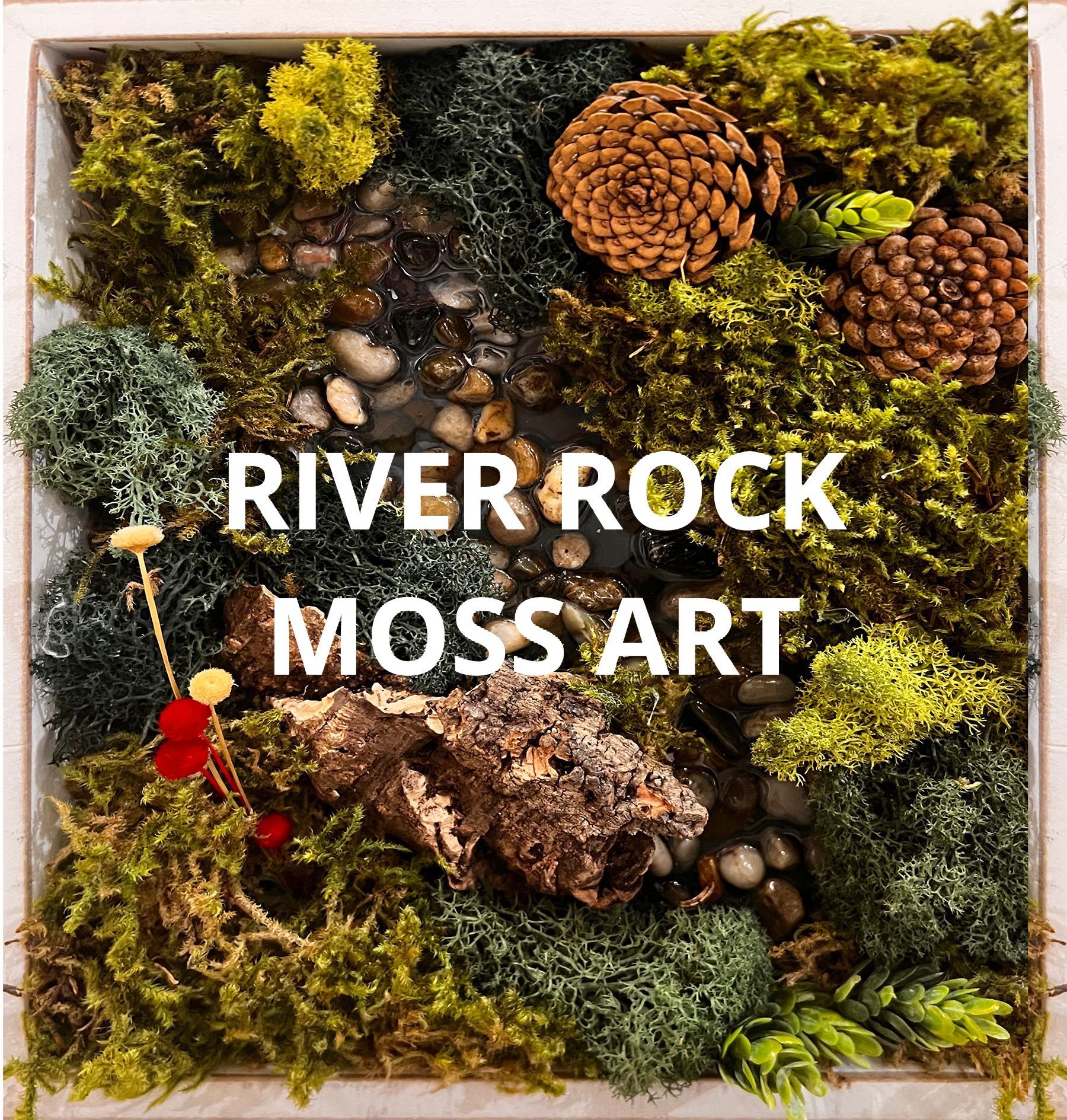 A picture of a moss art with the words river rock moss art on it.