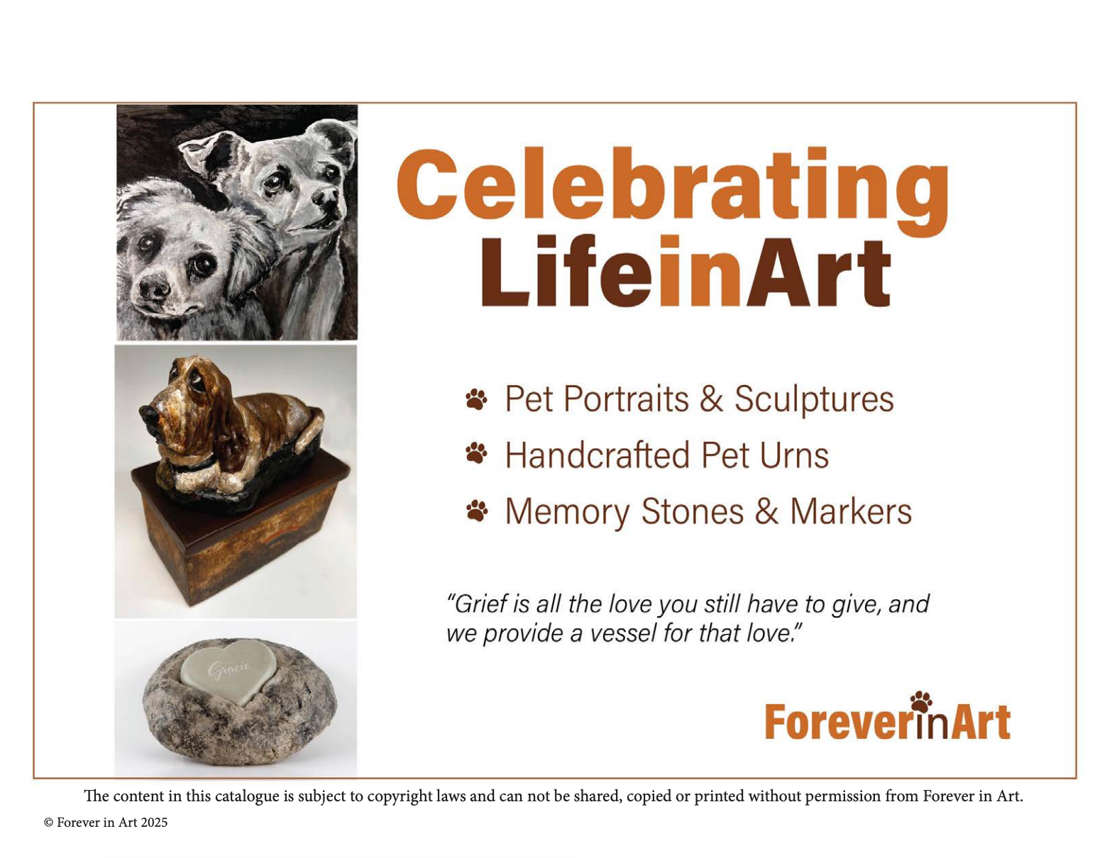 A poster for celebrating life in art with pictures of dogs and sculptures.