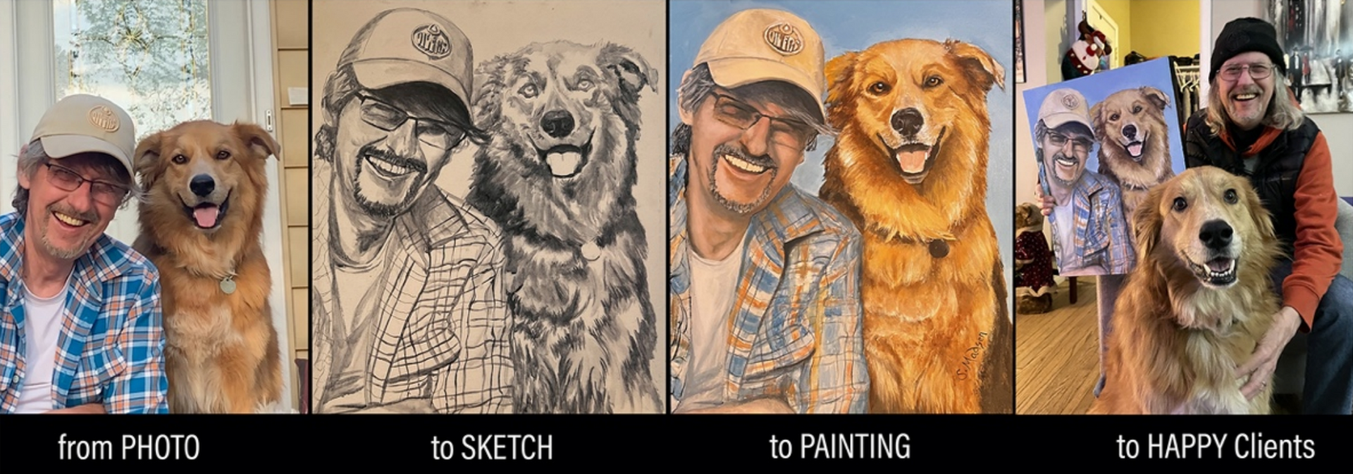 A man is standing next to a dog in a painting.