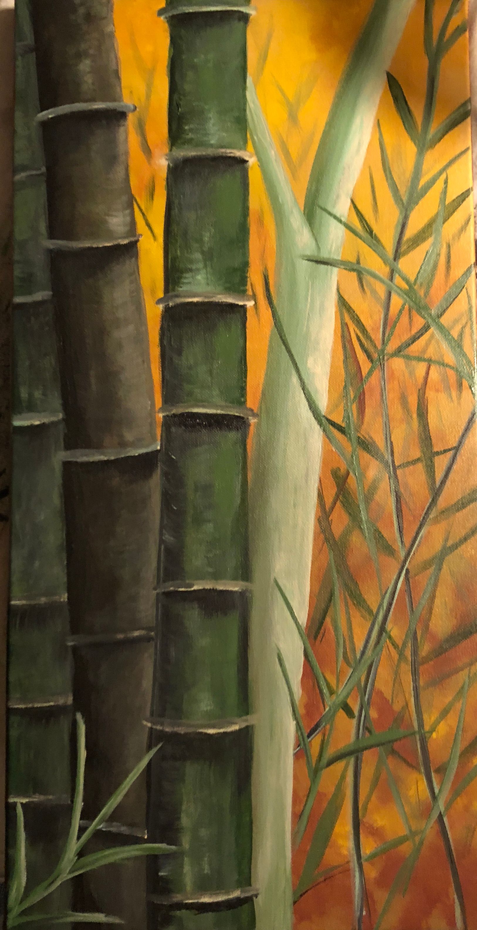 A painting of three bamboo trees with a yellow background.