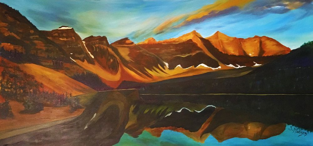 A painting of a lake with mountains in the background