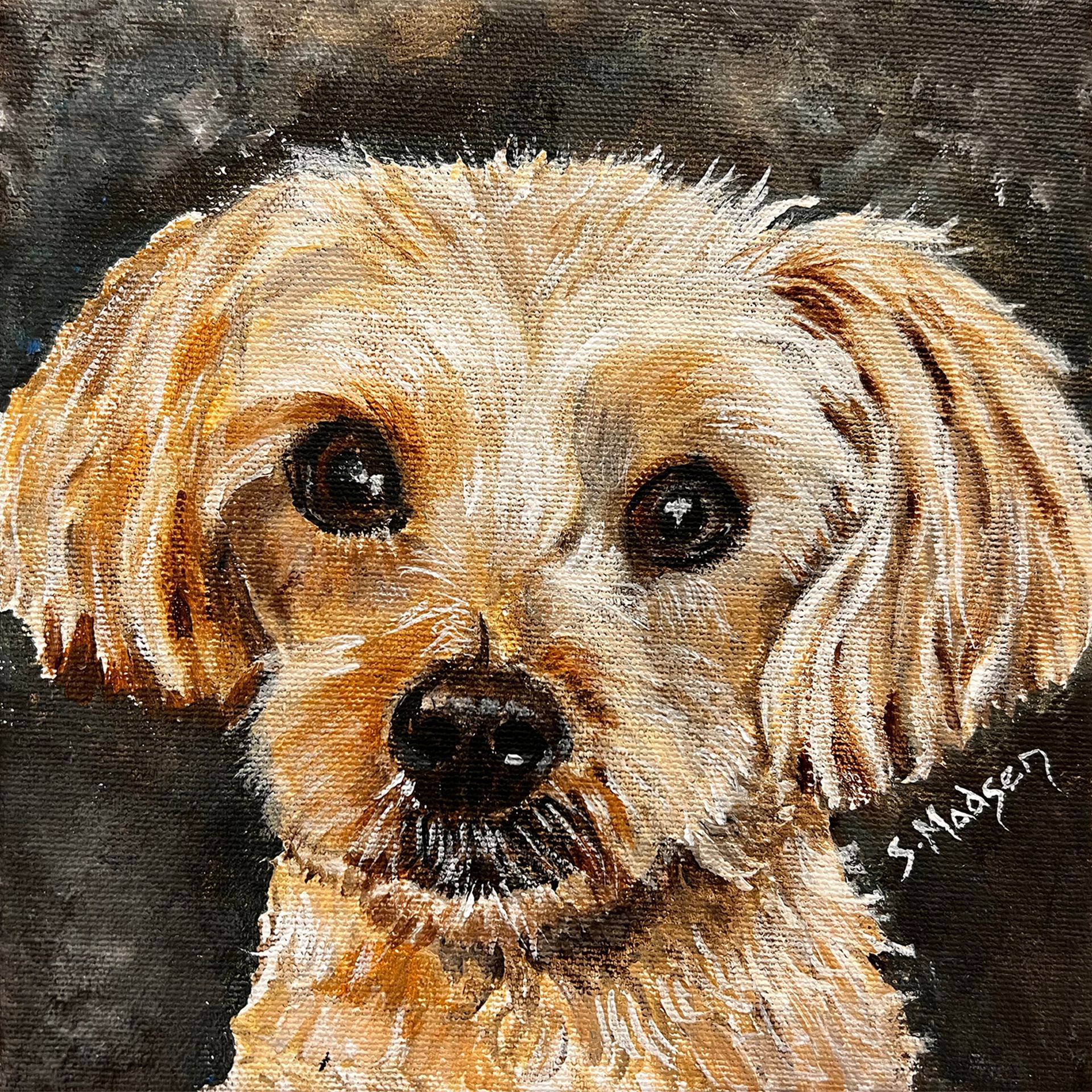 A close up of a painting of a dog on a canvas.