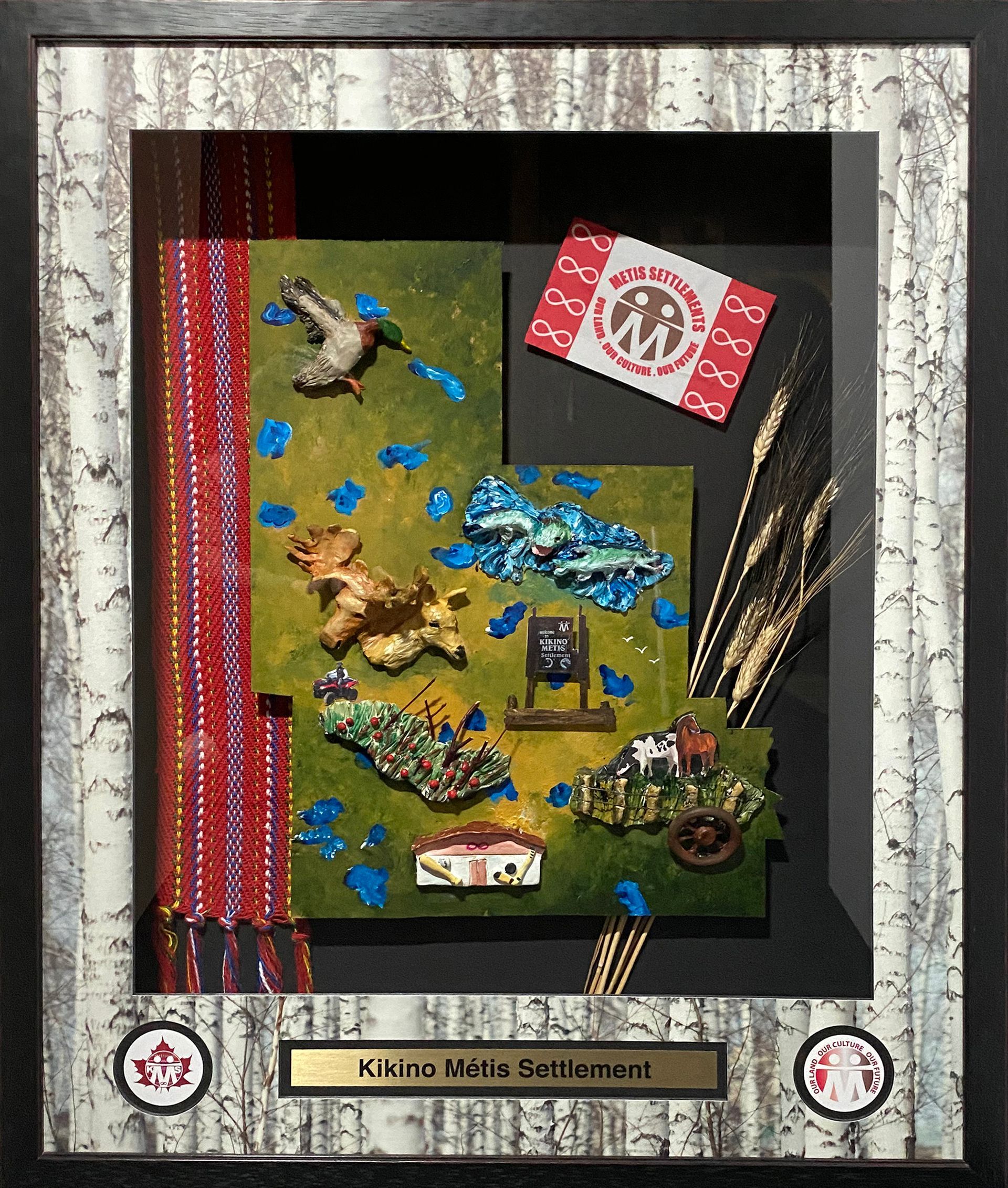 A framed painting of a native american scene with a canadian flag
