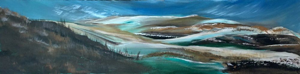 A painting of a mountain range with a river running through it.