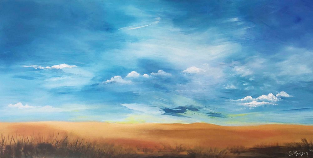 It is a painting of a desert landscape with a blue sky and clouds.