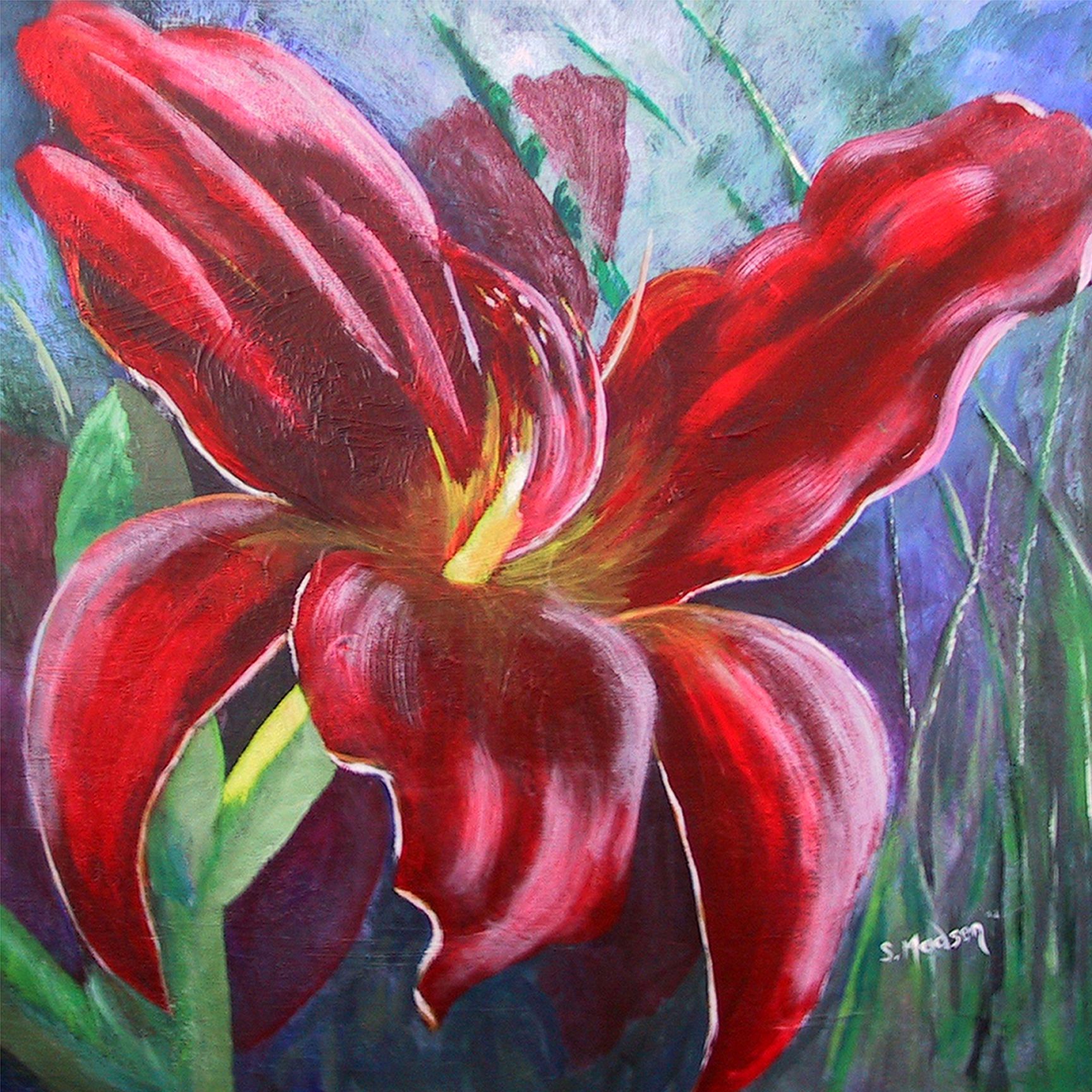 A painting of a red flower with a yellow center