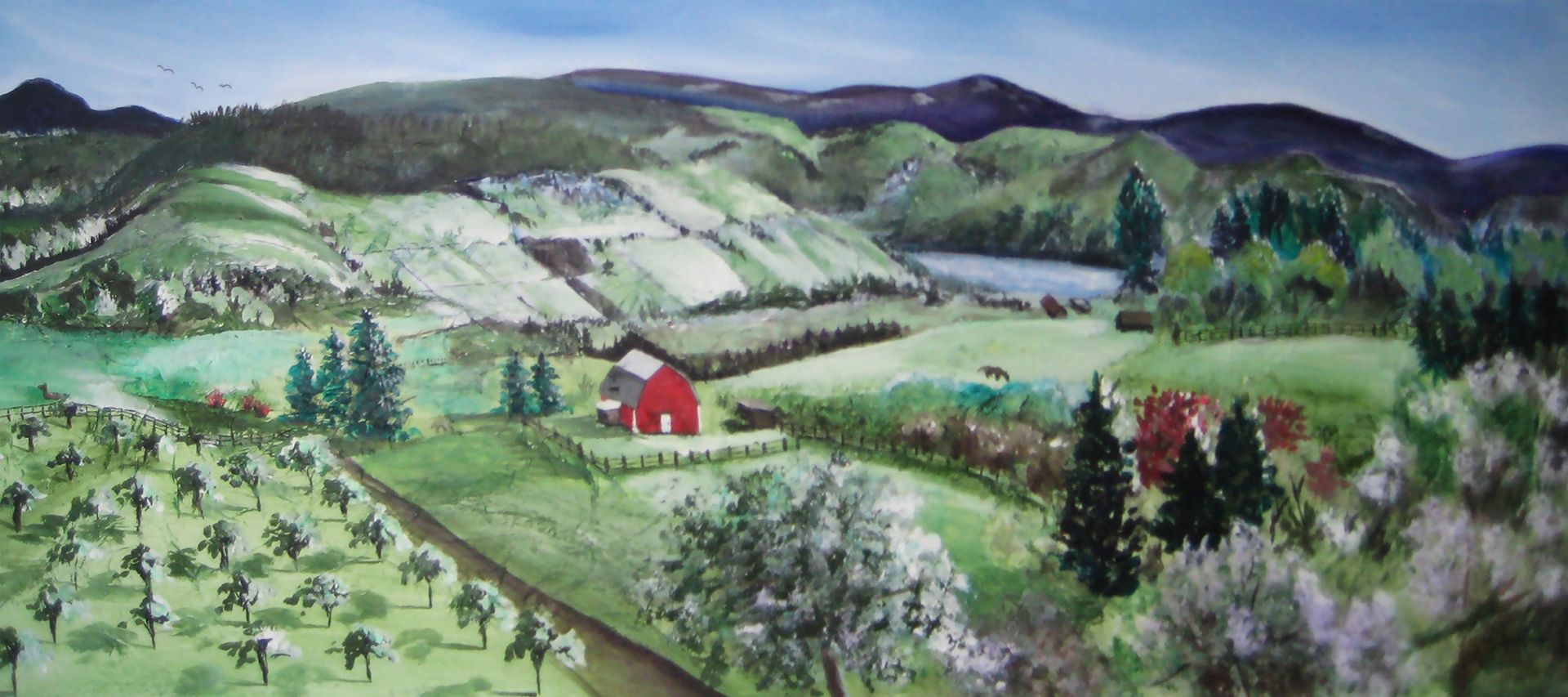 A painting of a landscape with a red barn in the middle