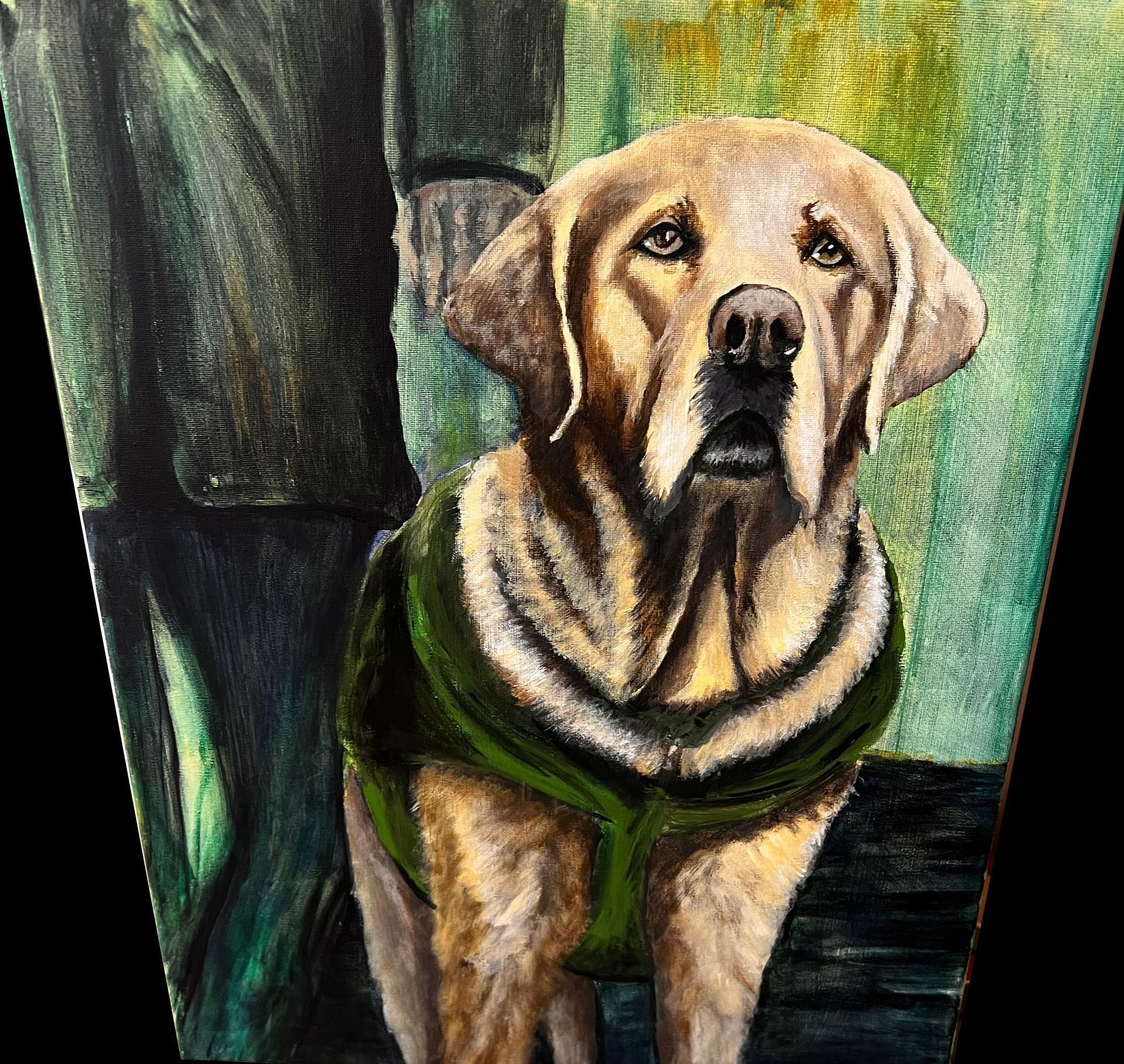 A painting of a dog wearing a green harness