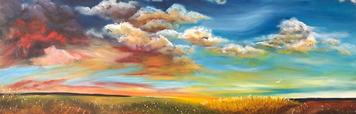 A painting of a sunset over a field with clouds in the sky.