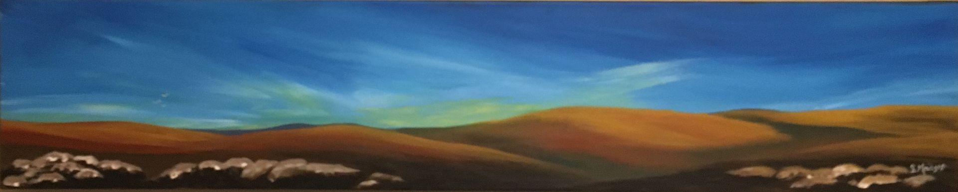 A painting of a landscape with a blue sky and mountains in the background.