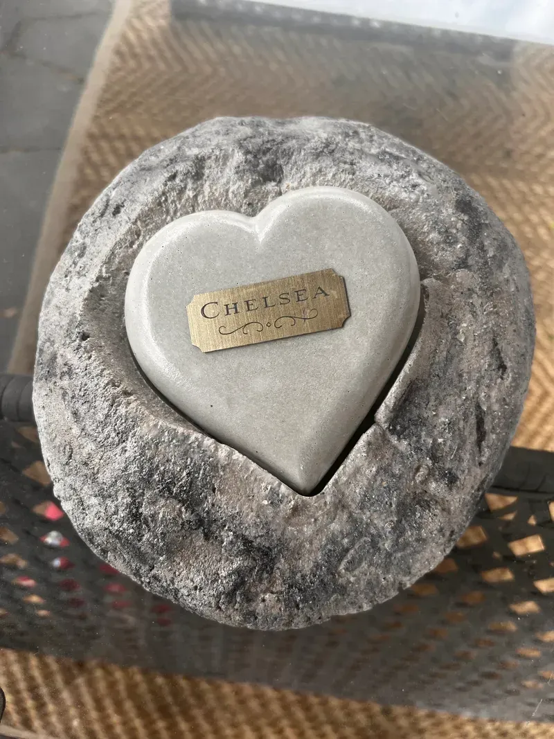 A stone with a heart in it is sitting on a table.