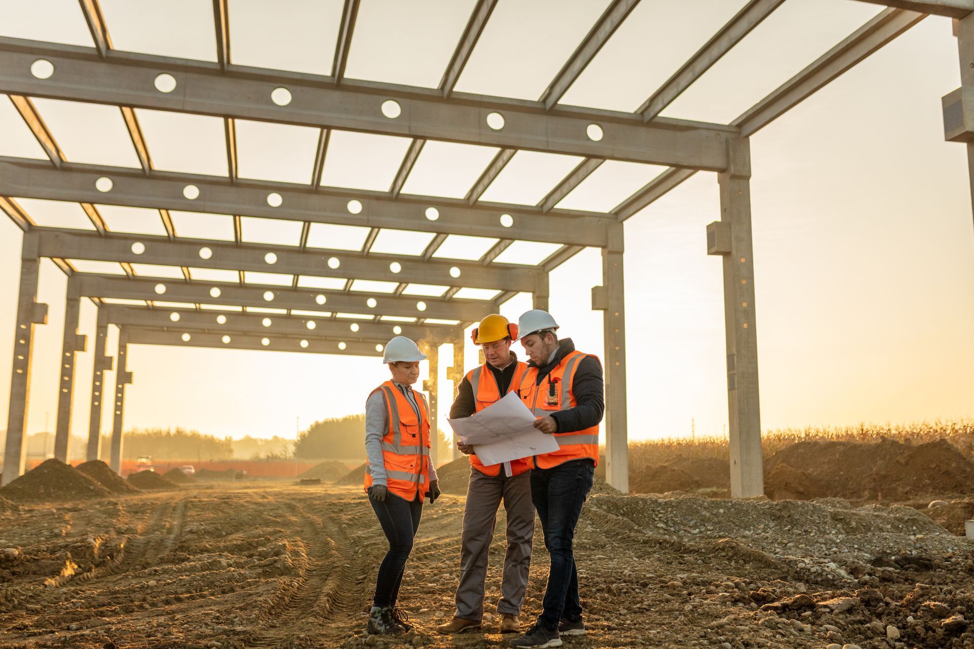Building Contractors Analyzing Blueprint — Meridian, MS — Engineering Plus, Inc. Construction workers reviewing blueprints at a building site, orange vests, white hard hats.