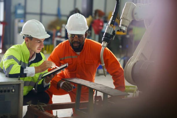 Two engineers in hard hats and coveralls inspecting a machine, one using a tablet in a factory setting.