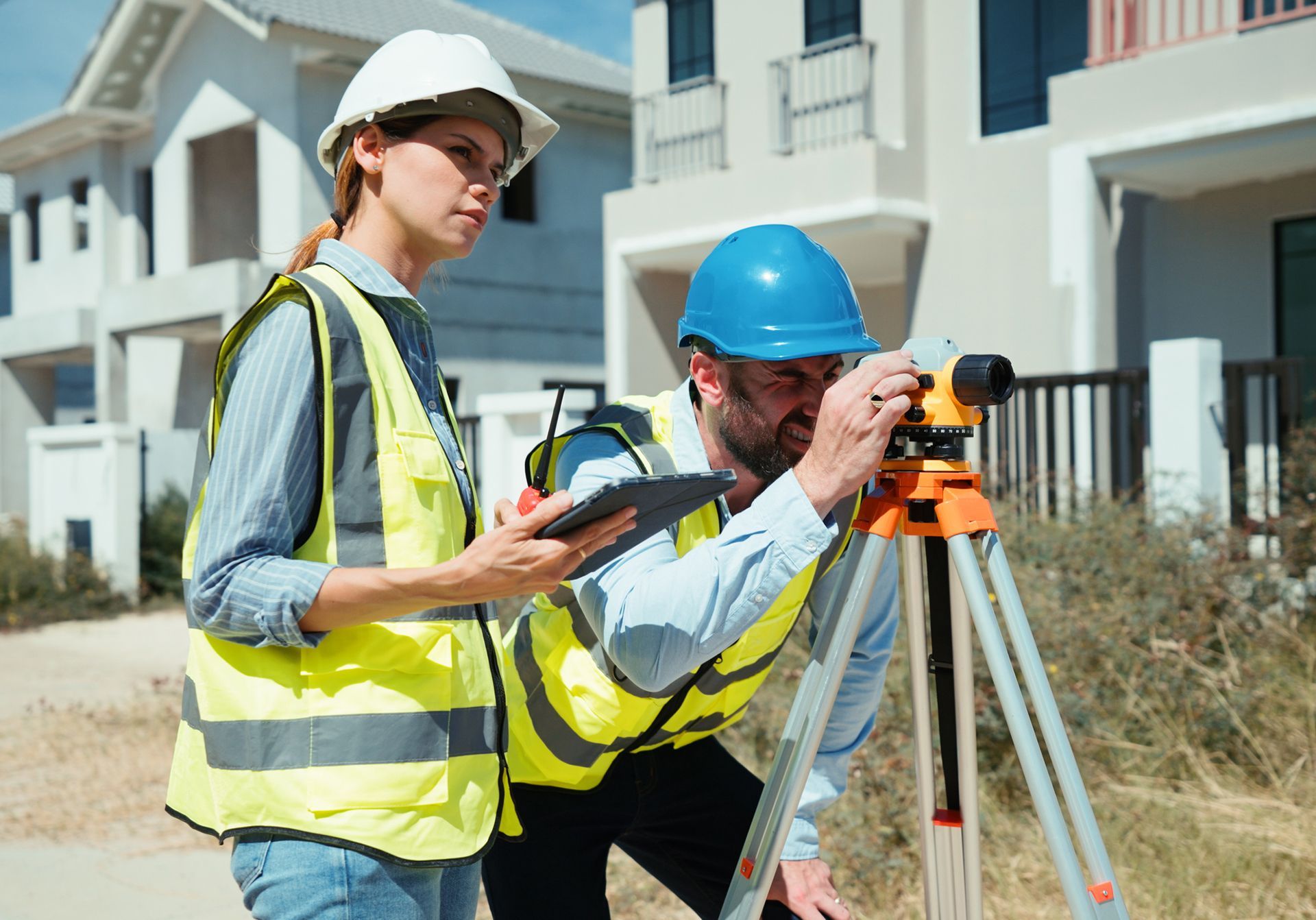 Construction workers conducting a land survey.