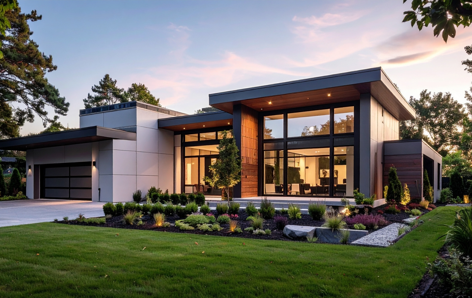 A modern, single-story home with large glass windows, a dark flat roof, and a lit garage, set against a sunset sky.