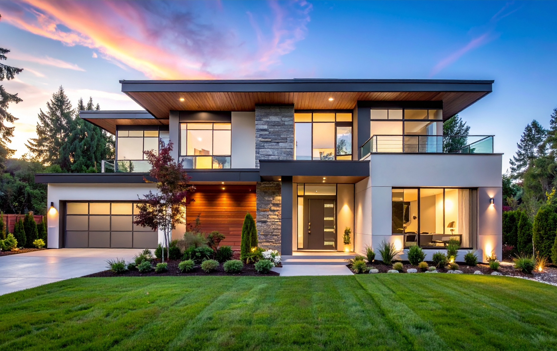 A modern, two-story house with flat roofs, glass windows, a stone accent wall, and a wood-paneled garage at twilight.