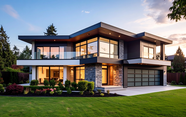 A modern two-story home with glass walls, stone accents, and a wide garage, surrounded by a lawn and landscaping at dusk.