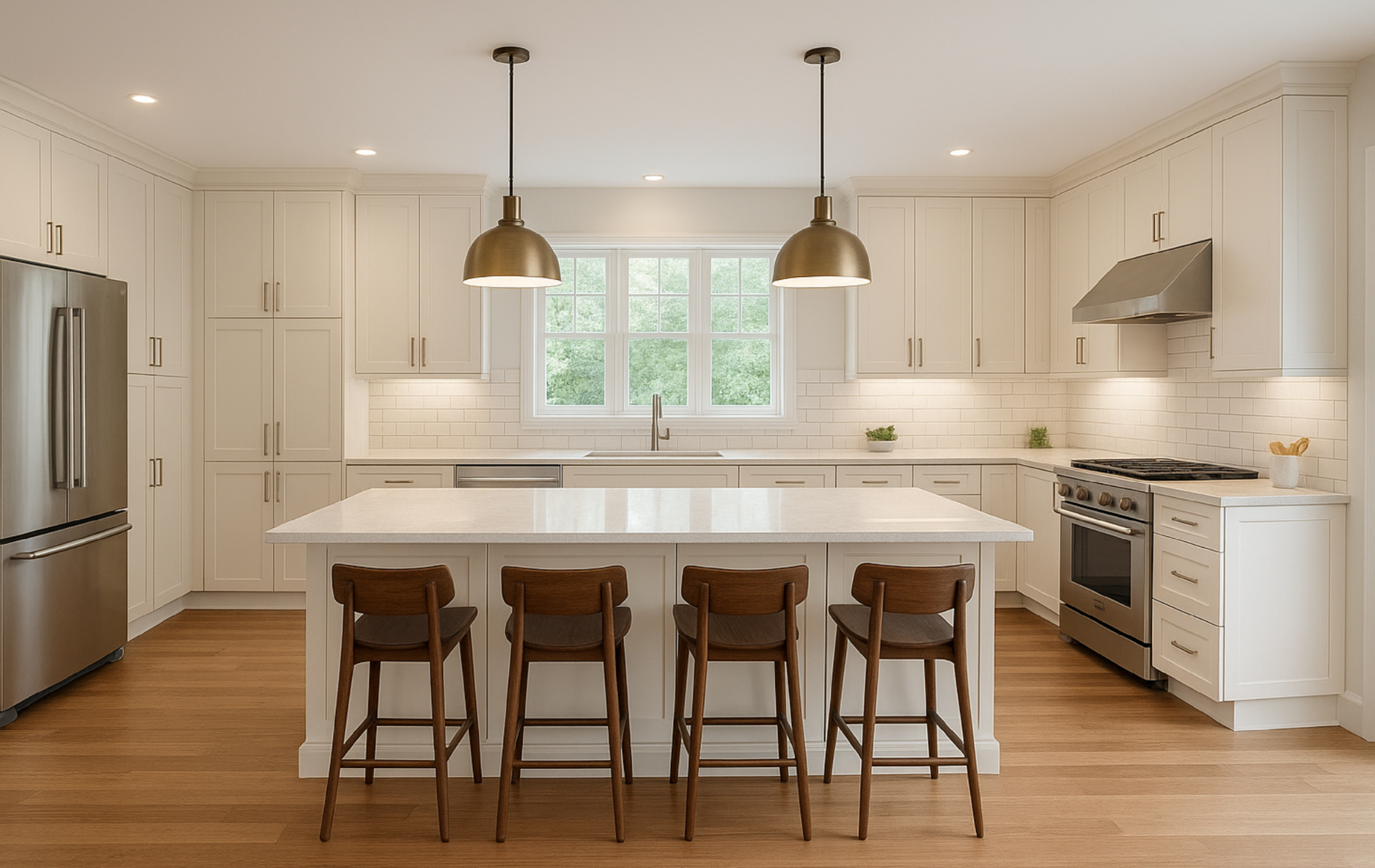 Modern white kitchen with stainless steel appliances, a central island, four wooden stools, and two gold pendant lights.