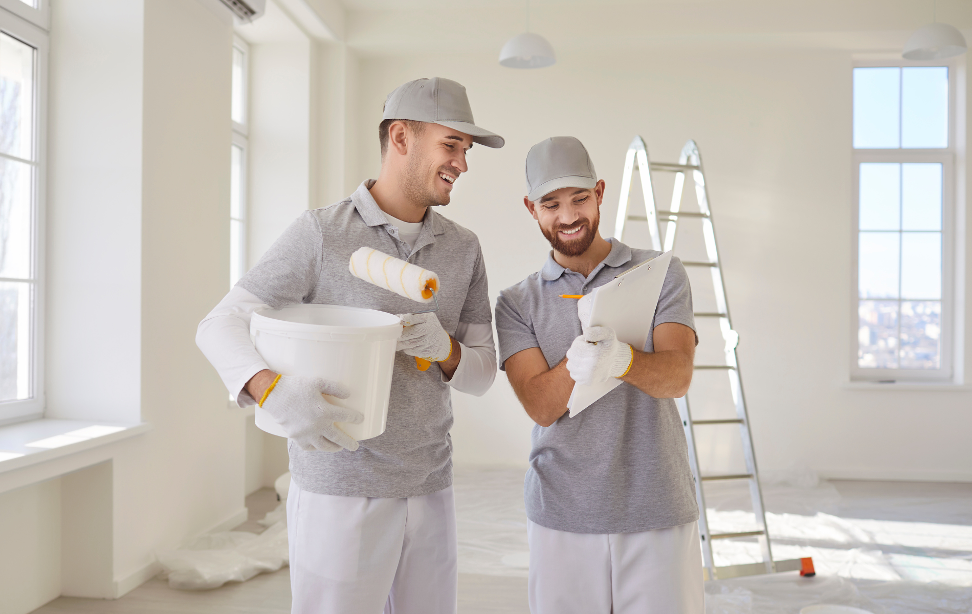Two painters in gray uniforms and caps hold a paint bucket and clipboard, smiling in an empty, sunlit room with a ladder.