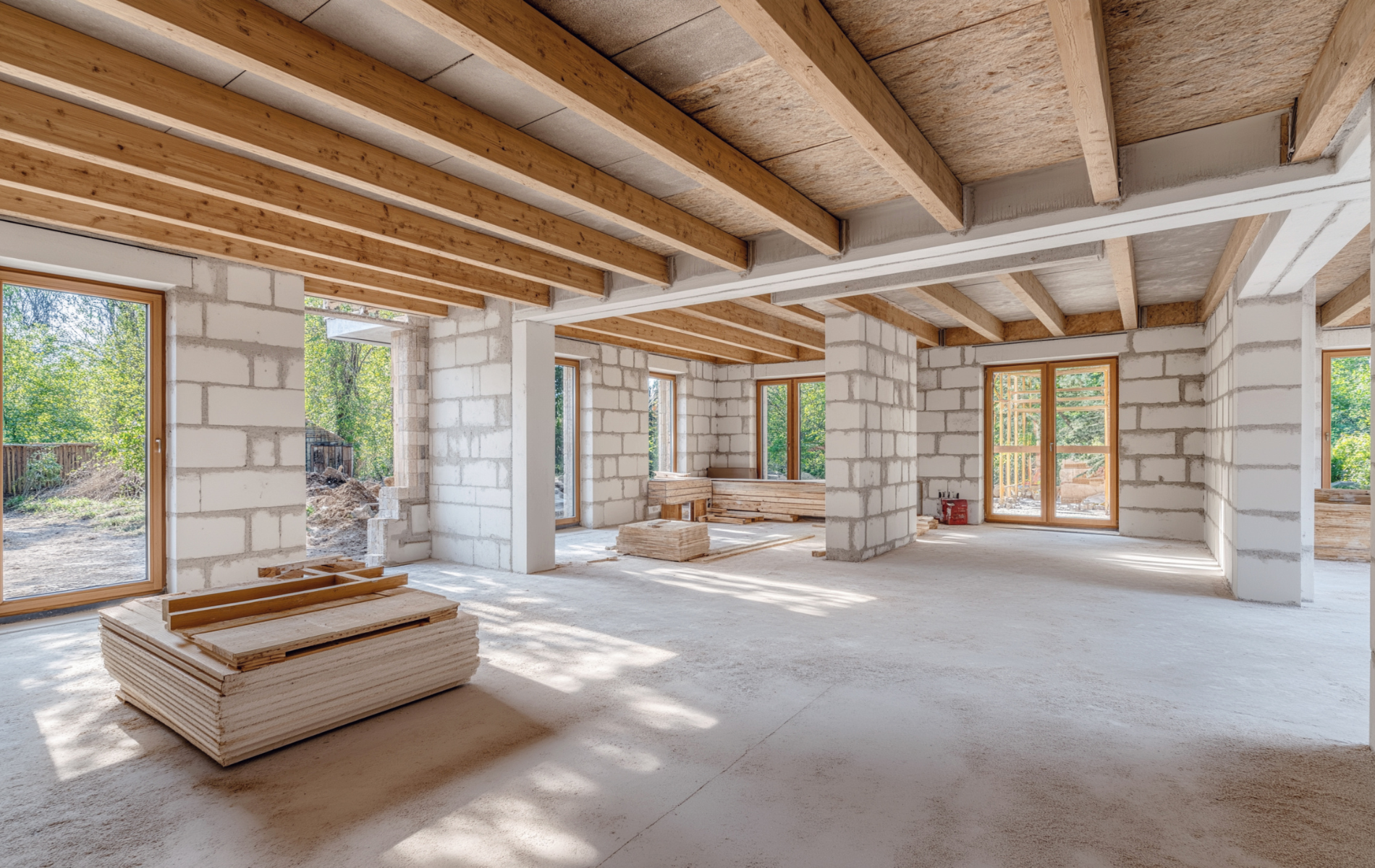 Spacious, unfinished interior with white block walls, wooden ceiling beams, and large glass doors leading to greenery.