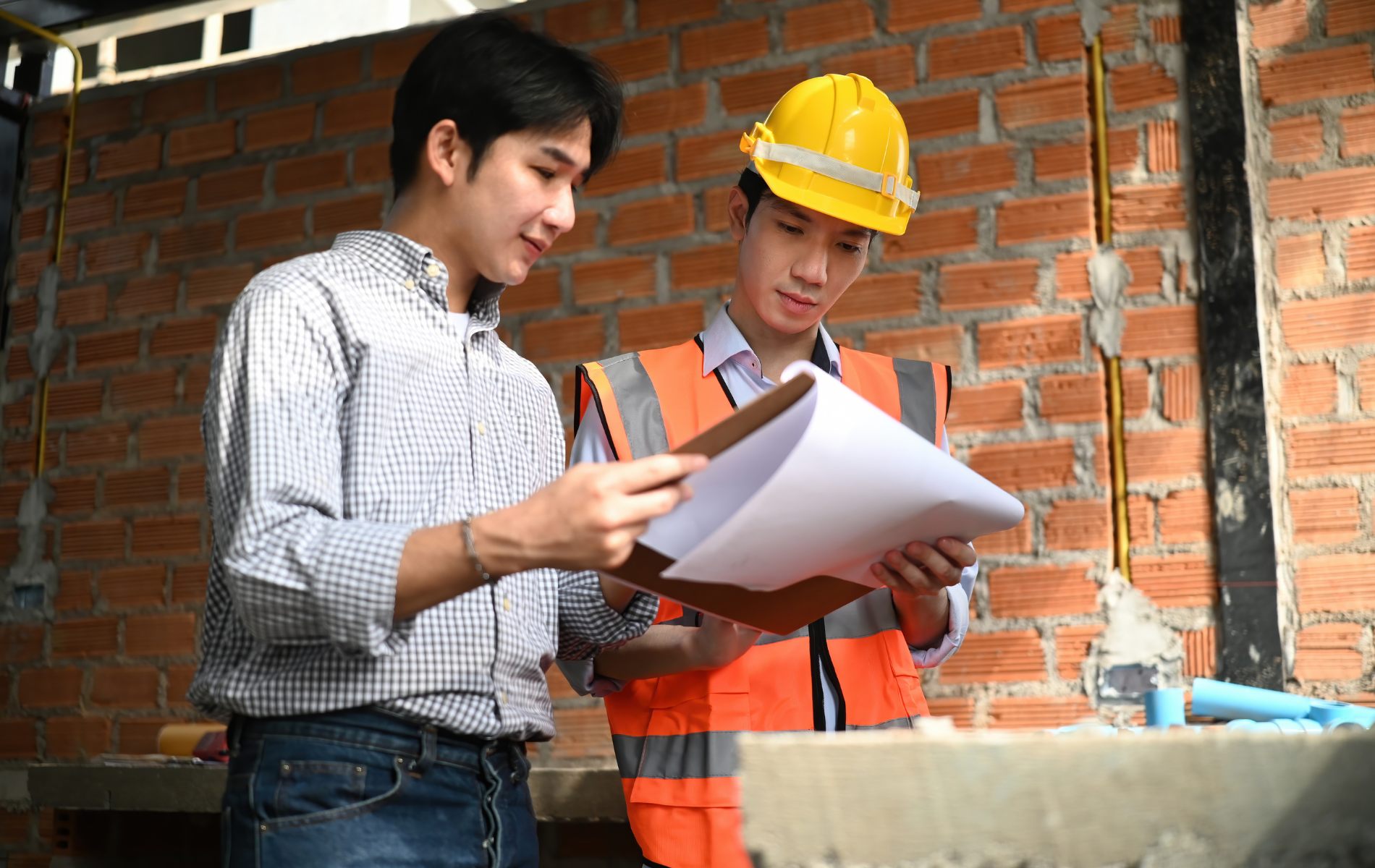 Two professionals in a brick construction site discuss blueprints on a clipboard.