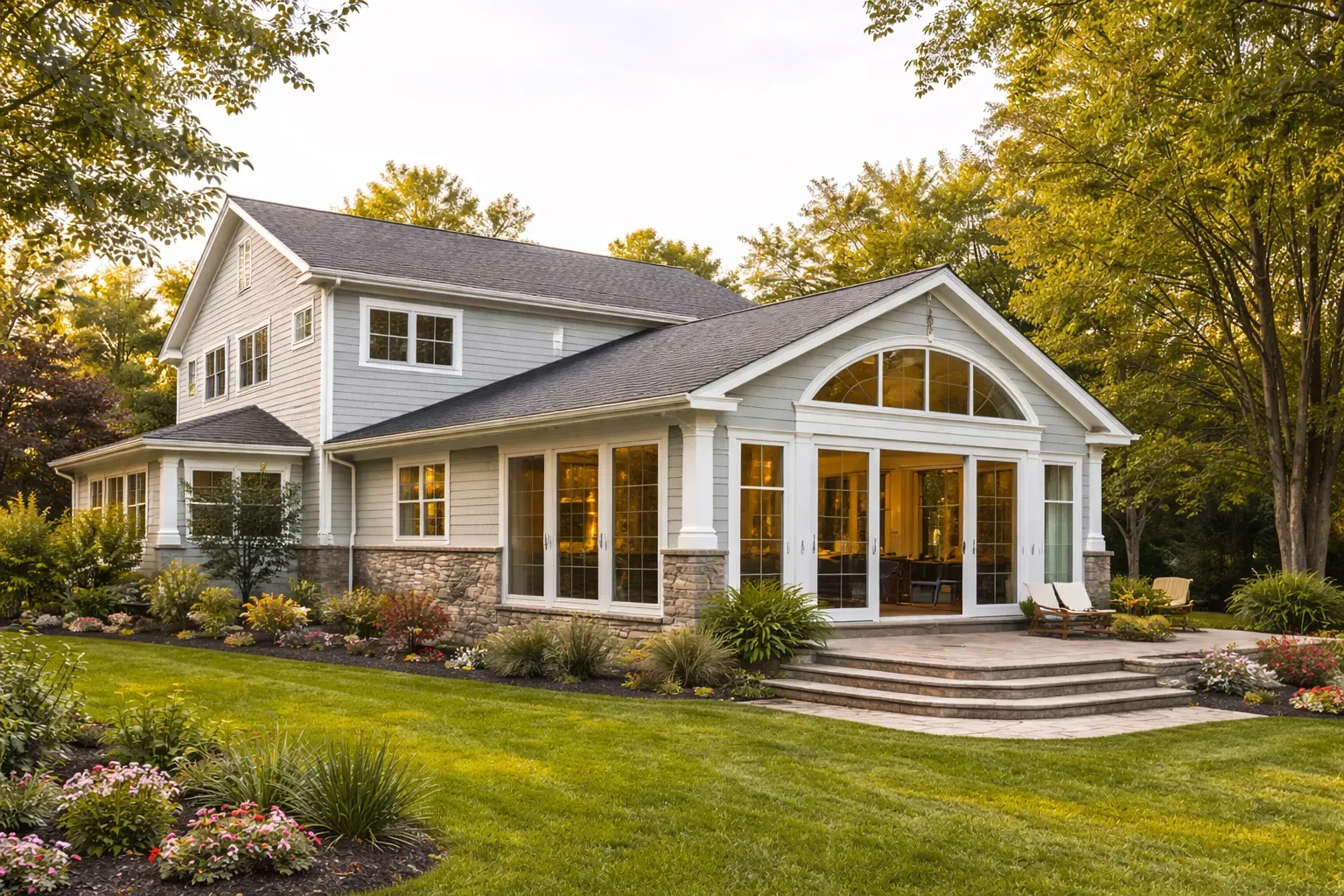A light-gray, two-story house with stone siding, large windows, and a patio, set in a lush green backyard with trees.