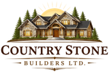 Logo for Country Stone Builders Ltd. featuring a luxury stone house surrounded by pine trees under a golden sunrise.