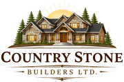 Logo for Country Stone Builders Ltd. featuring a luxury stone house surrounded by pine trees under a golden sunrise.