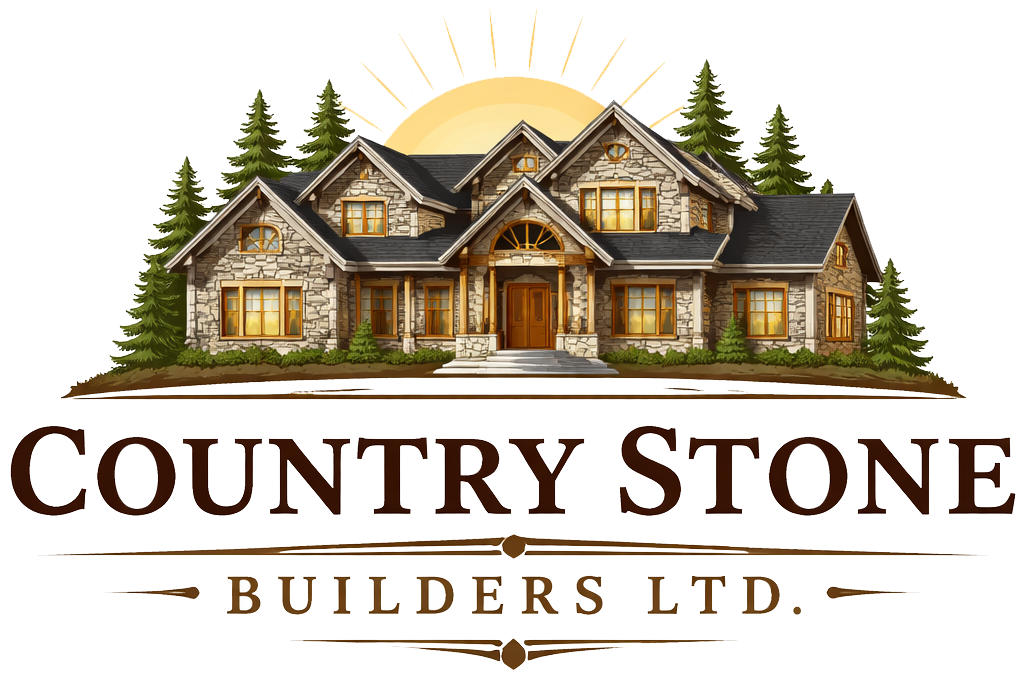 Logo for Country Stone Builders Ltd. featuring a luxury stone house surrounded by pine trees under a golden sunrise.