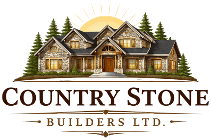 Logo for Country Stone Builders Ltd. featuring a luxury stone house surrounded by pine trees under a golden sunrise.