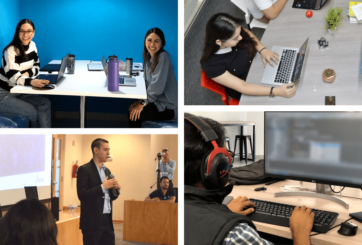 A collage of four pictures of people sitting at desks with laptops