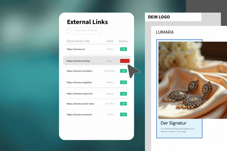 Benutzeroberfläche mit externen Links und Werbung für Schmuck.