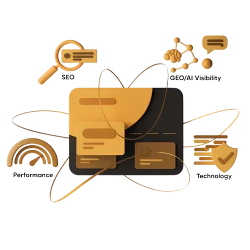 Gold-schwarze Infografik zum digitalen Marketing mit Symbolen für SEO, Geo-/KI-Sichtbarkeit, Performance und Technologie