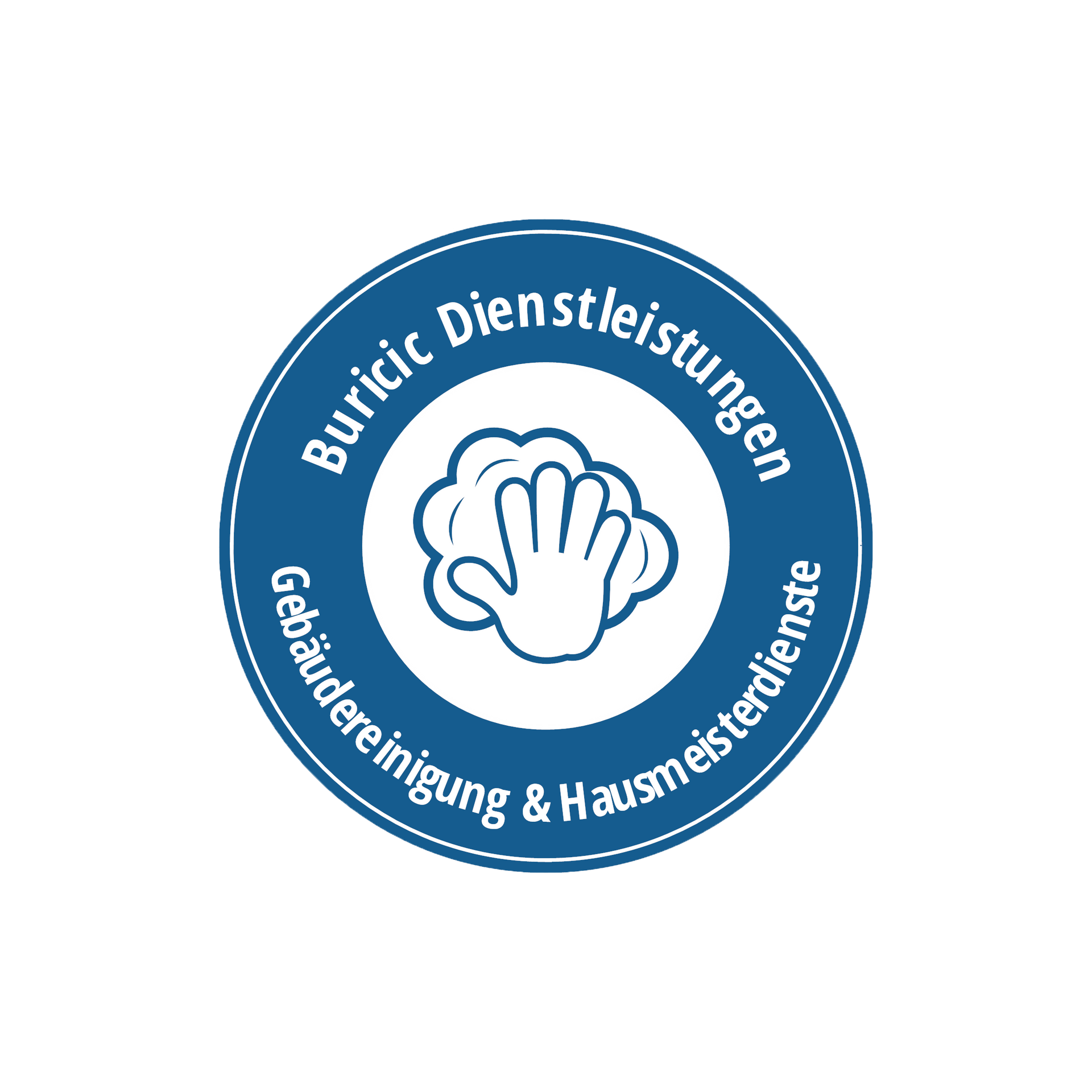 Blaues Kreis-Logo mit Text "Buricic Dienstleistungen" und "Gebäudereinigung & Hausmeisterdienste" umgebend von einem Hand mit Wischtuch.