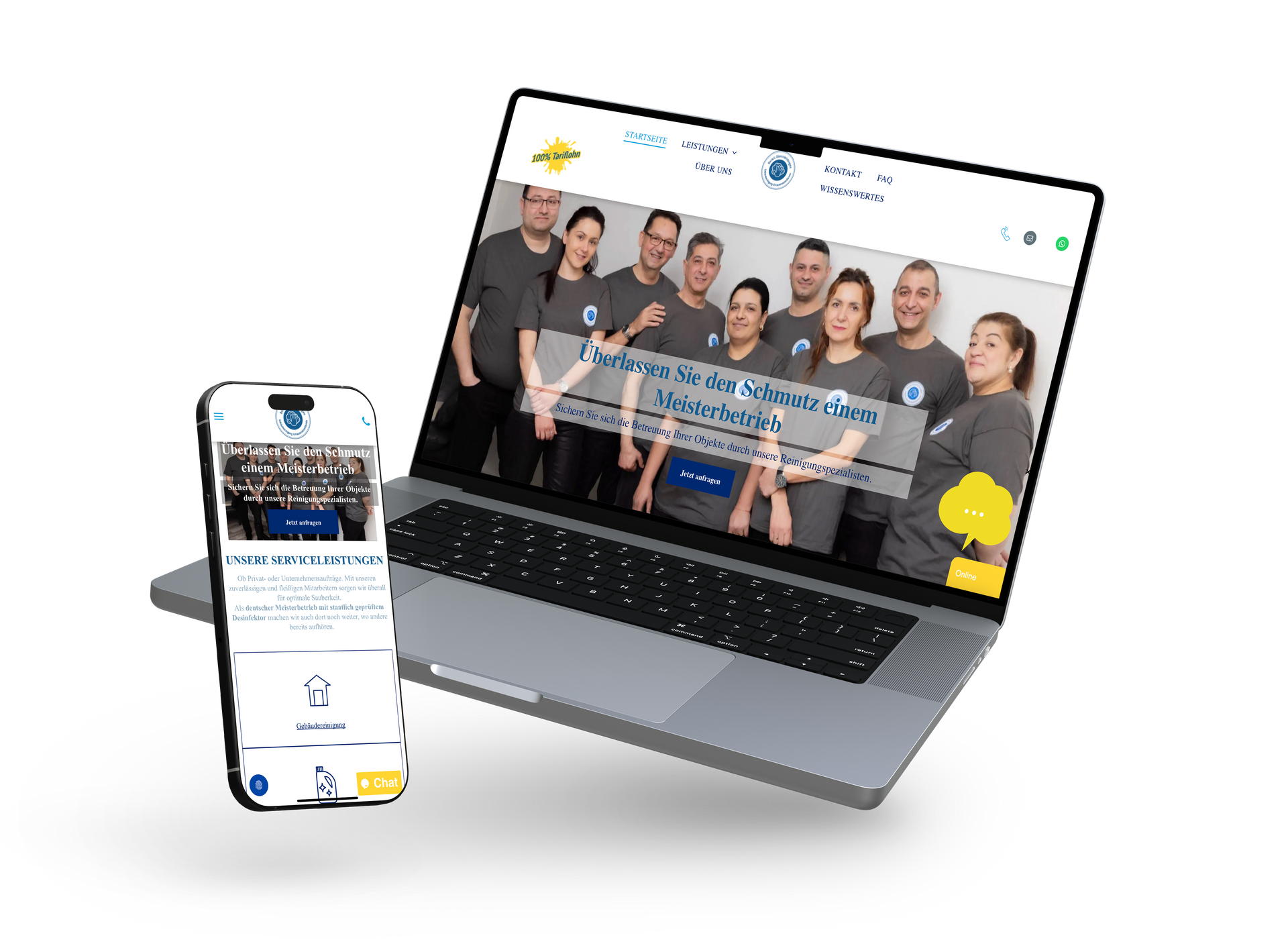 Laptop und Handy zeigen eine Webseite mit einem Teamfoto an.