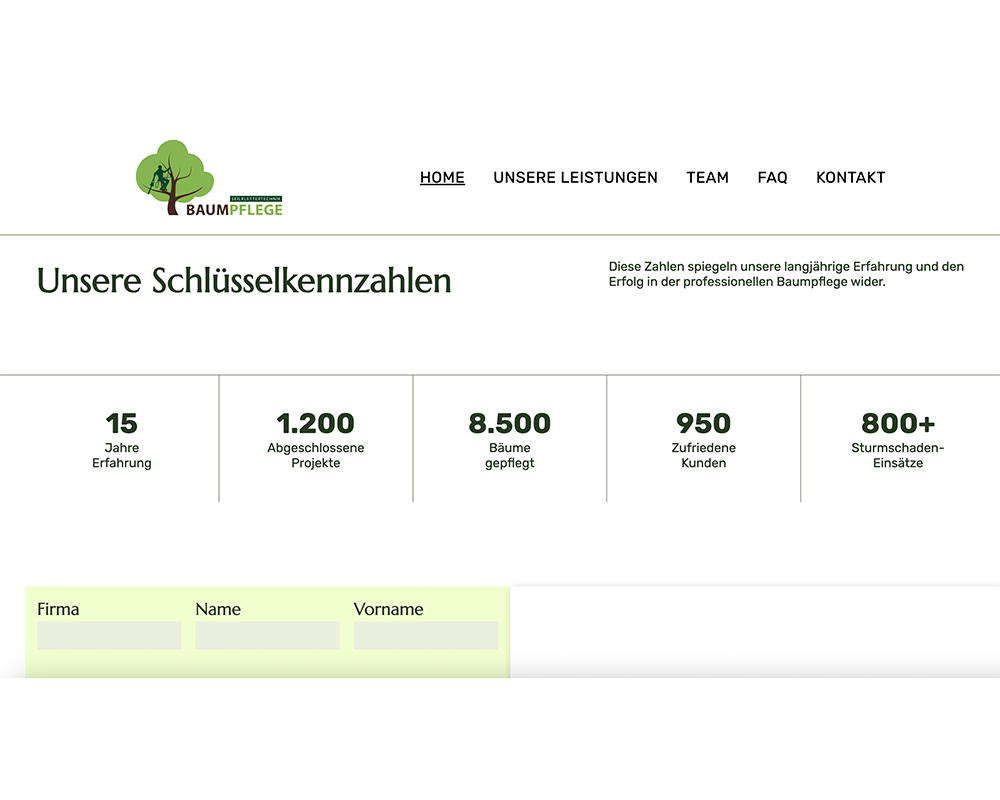 Website mit den wichtigsten Leistungsindikatoren für ein Baumpflegeunternehmen, einschließlich langjähriger Erfahrung, abgeschlossener Projekte, gepflegter Bäume, zufriedener Kunden und Mitarbeiterzahl.