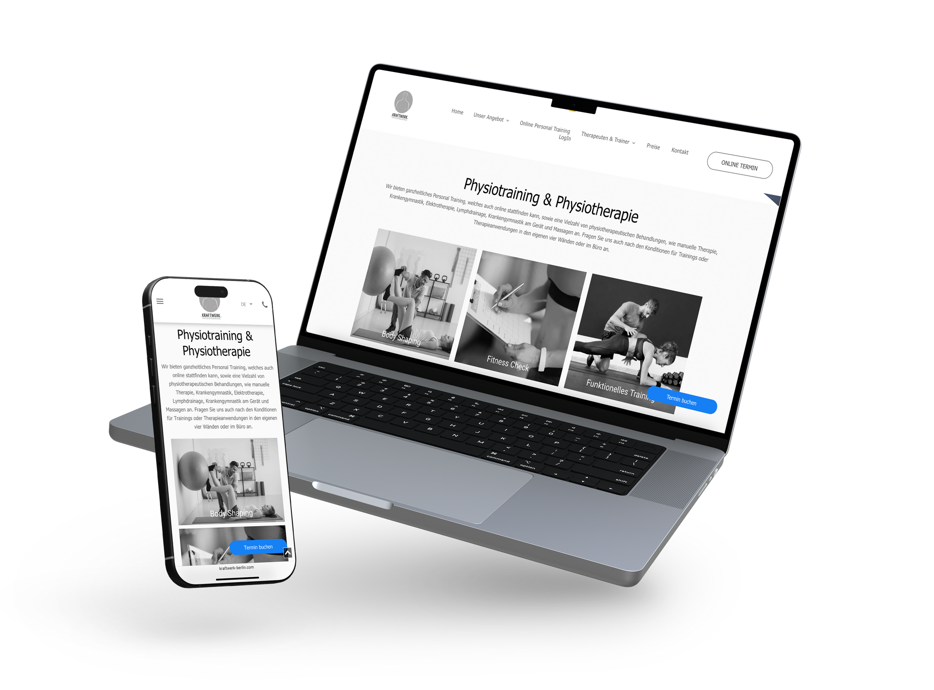 Laptop und Handy zeigen eine Webseite mit drei Fotos von Personen in einer Physiotherapie-Umgebung.