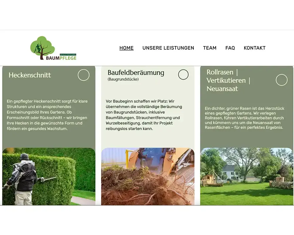 Homepage der Website mit den Leistungen: Heckenschnitt, Erdaushub und Rasenpflege.