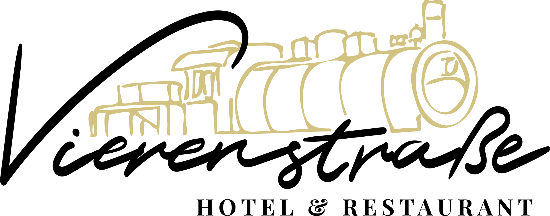 Logo für das Vierenstrasse Hotel & Restaurant mit schwarzem Schriftzug und einer Zugillustration.